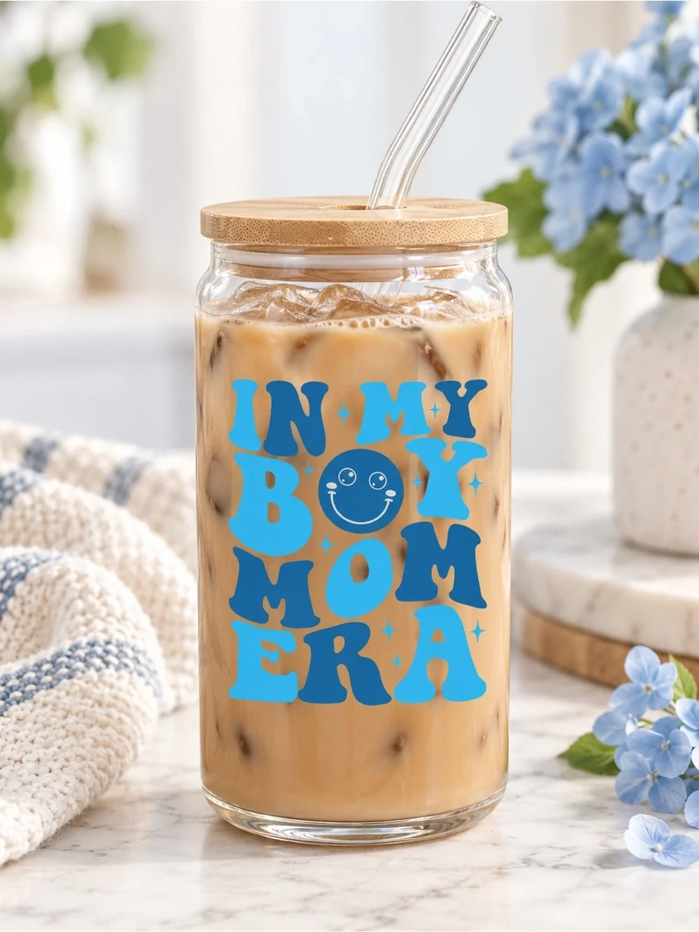 Reusable Drink Jar with Blue 'In My Boy Mom Era' Design 🦋